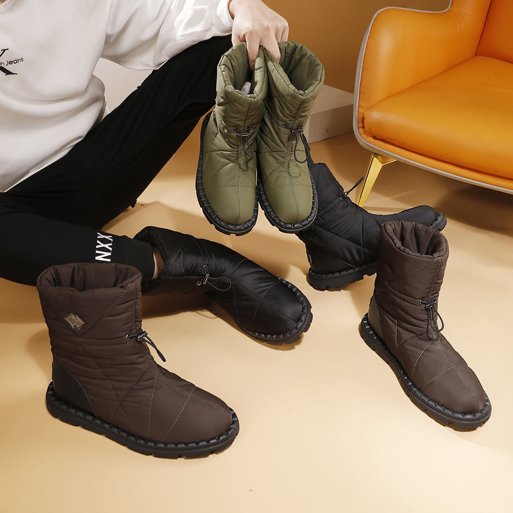 Quilted mid-calf snow boots in brown, black, and olive with lace-up and grip sole.