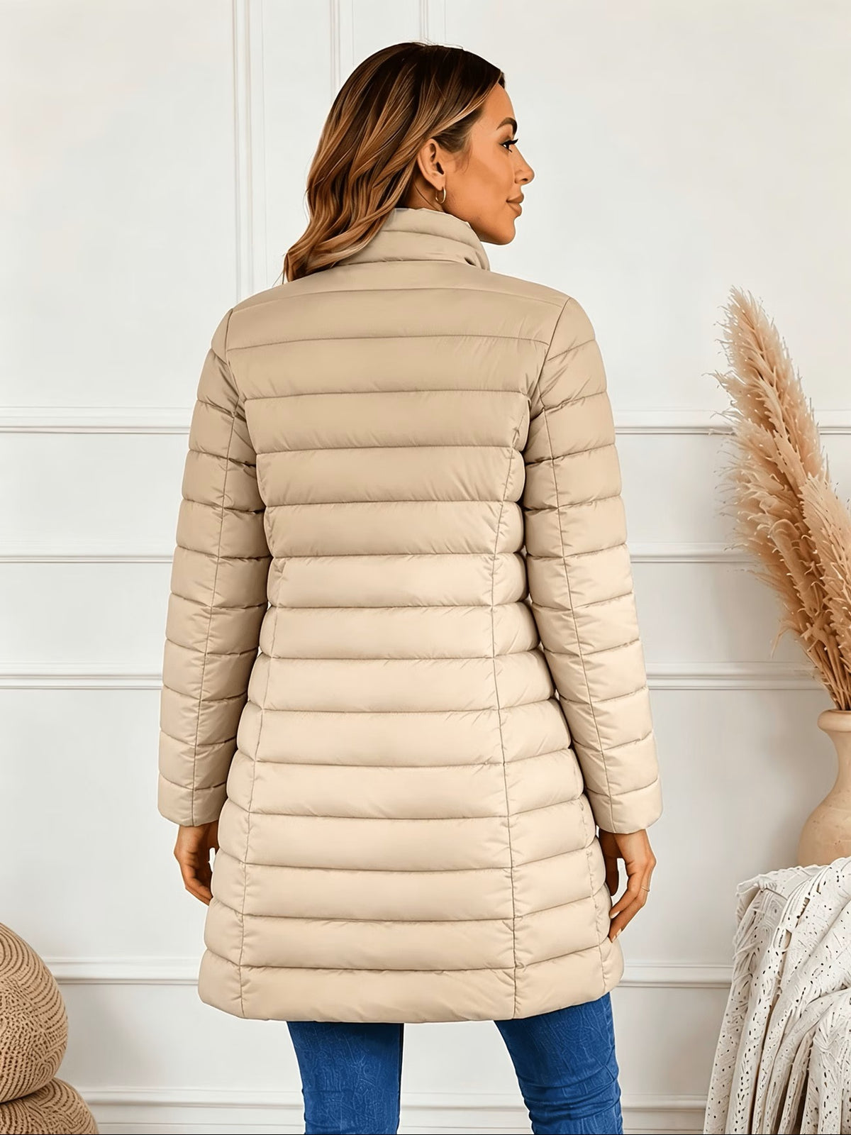 Women\u2019s beige quilted puffer jacket with stand collar, full-zip, back view
