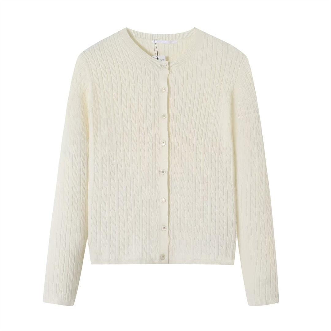 Cable Knit Cardigan for Women — Classic Crew Neck Button Front in Soft Merino Wool