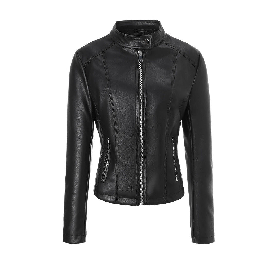 Black fitted faux leather moto jacket with stand collar, front zipper, and zip pockets