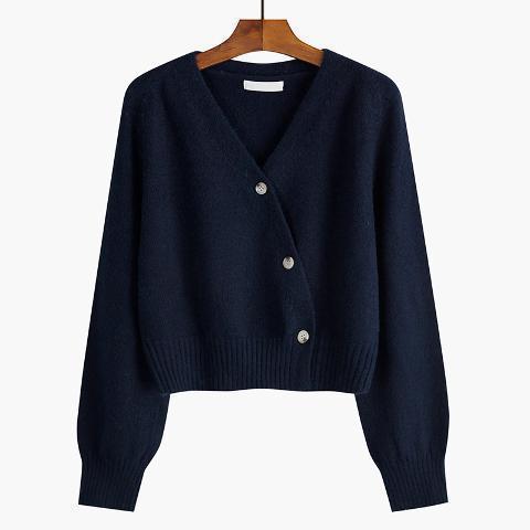 Women's knitted V-neck button cardigan, navy blue, front view, long sleeves