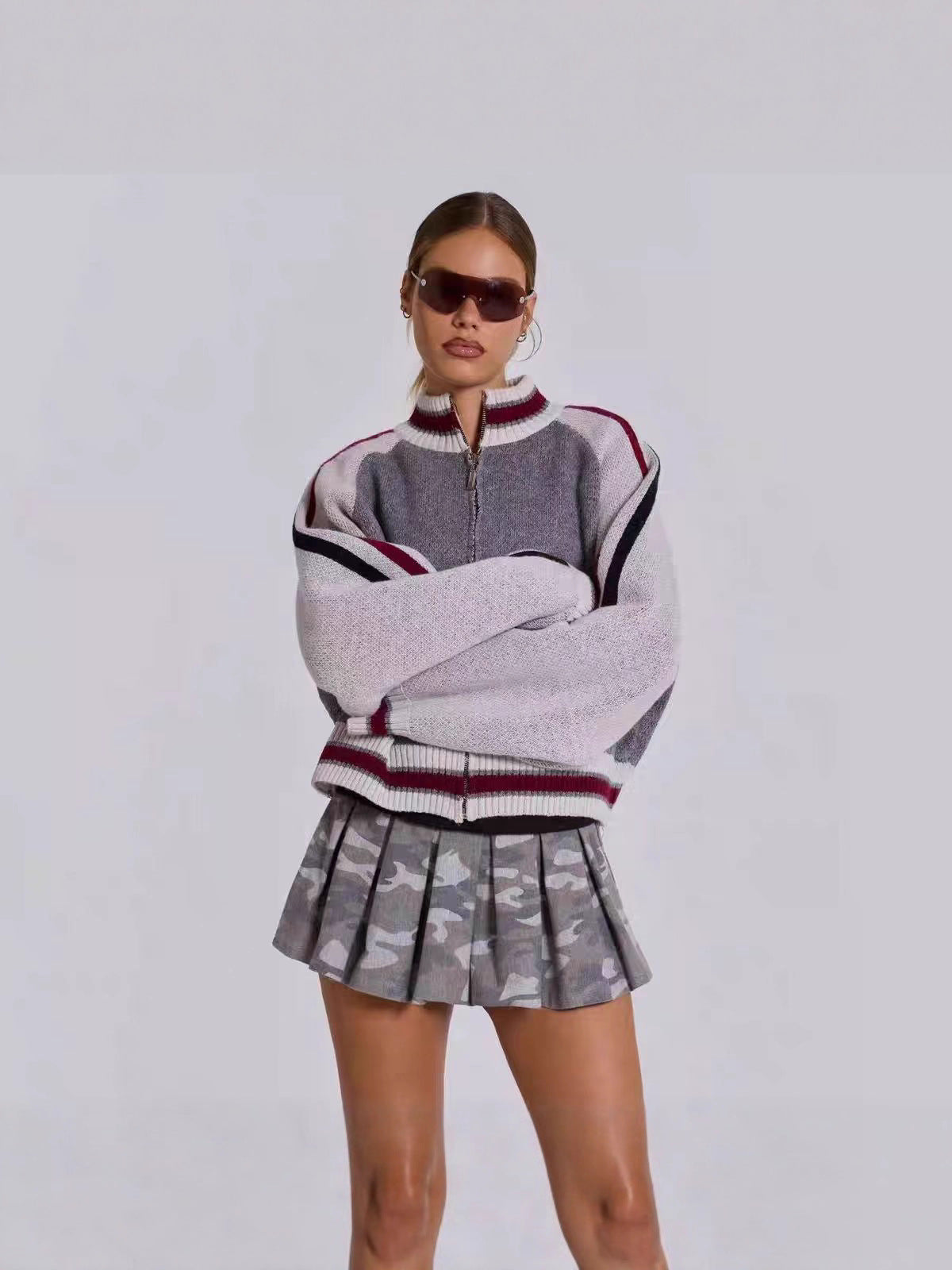 Zip Up Cardigan for Women — Cropped Varsity Sweater Jacket in Wool Blend Knit
