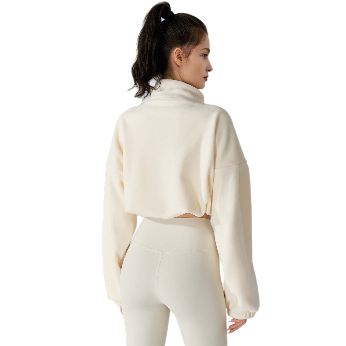 Cropped Fleece Jacket for Women — Zip Up Stand Collar with Drawstring Hem