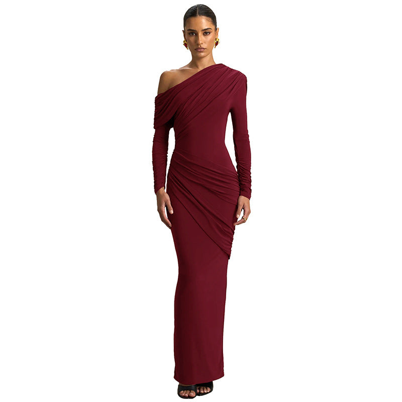 Wine red off-shoulder pleated long dress with draped design and long sleeves