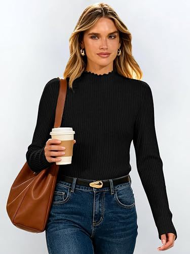 Mock Neck Top for Women — Fitted Ribbed Long Sleeve Knit with Lettuce Trim in Viscose