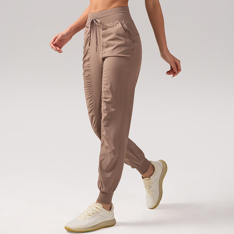 Women's loose jogger sweatpants, taupe, drawstring waist, side pockets