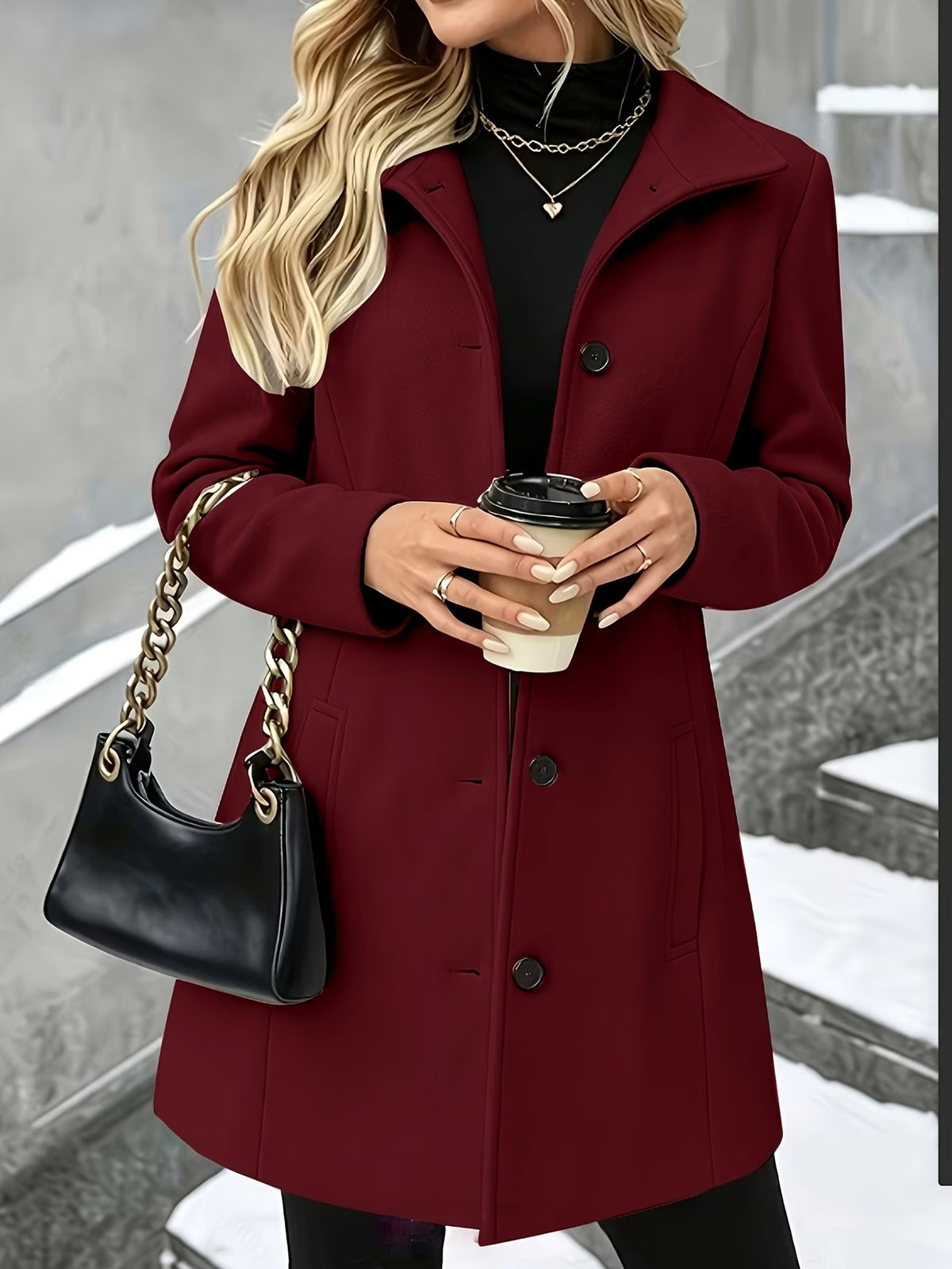 Women’s mid-length wool coat in wine red, turn-down collar, single-breasted button front