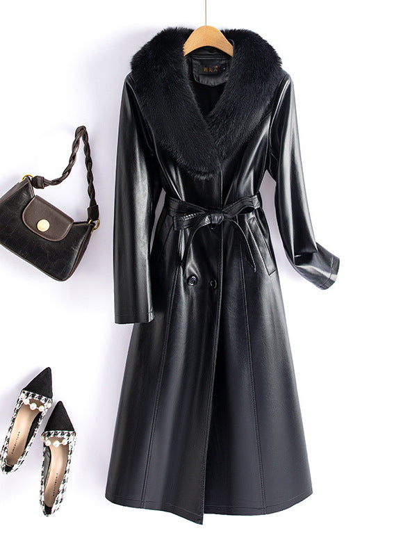 Black faux leather longline coat with faux fur collar, belted waist, button front
