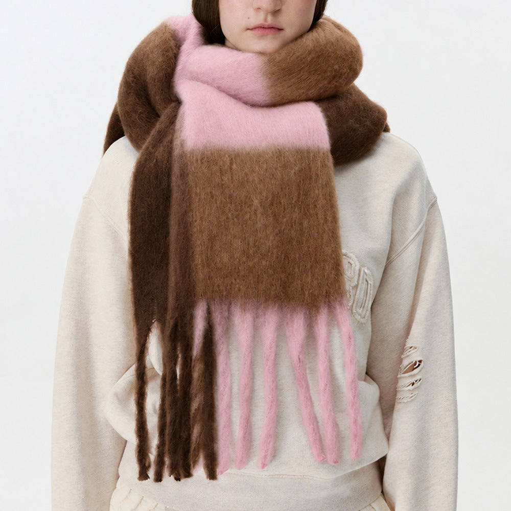 Women’s plaid scarf in brown and pink with long fringe and soft fluffy texture