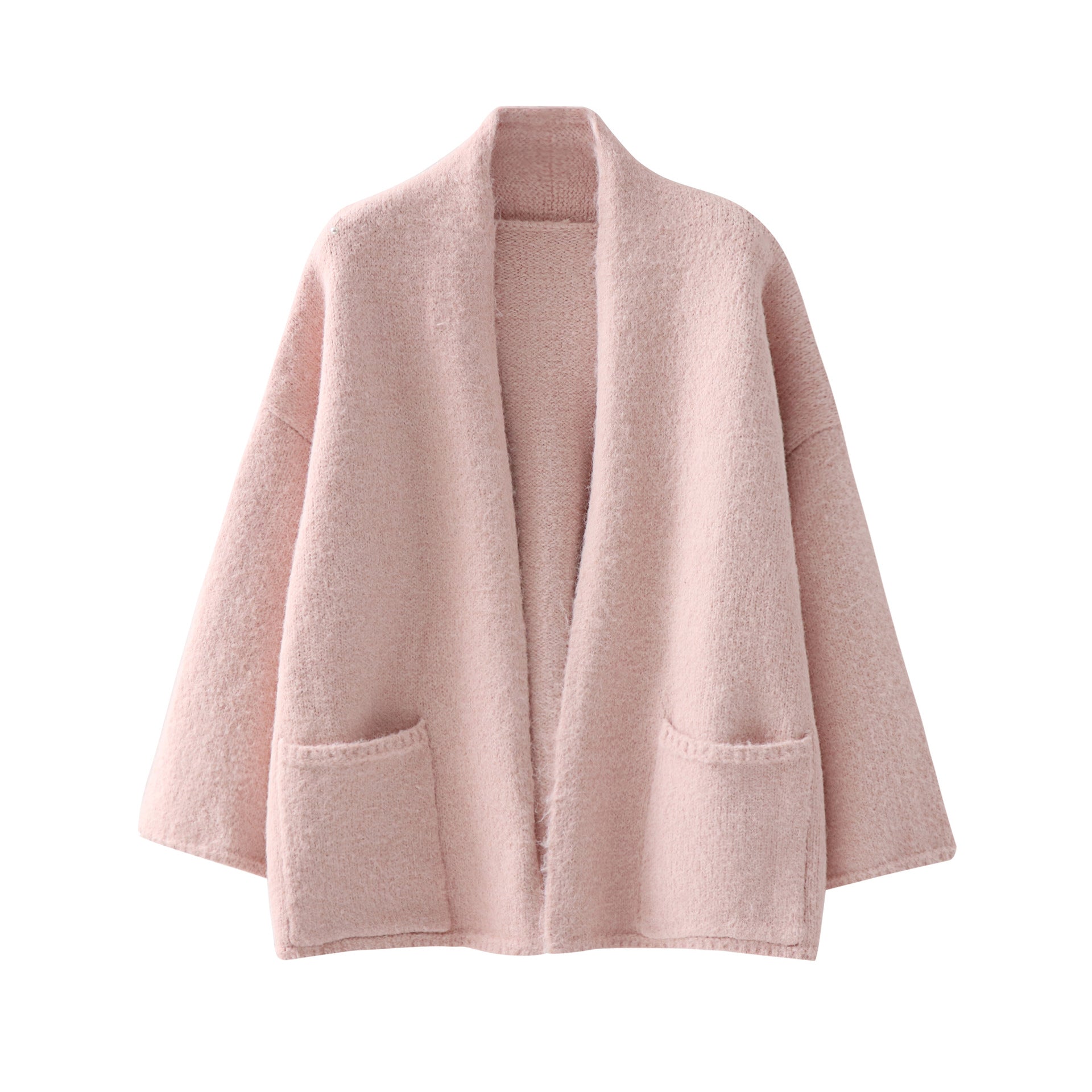 Pink wool cardigan, loose fit, open shawl collar, textured knit with two front patch pockets