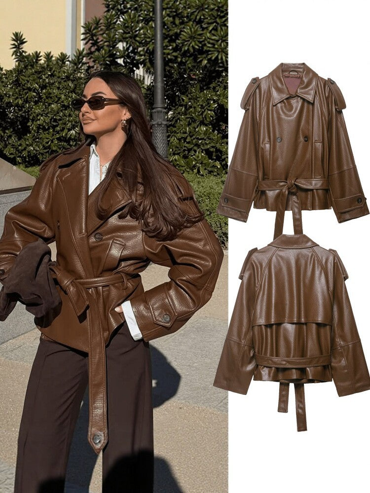 Brown pebbled leather short double-breasted belted motorcycle jacket, long sleeves