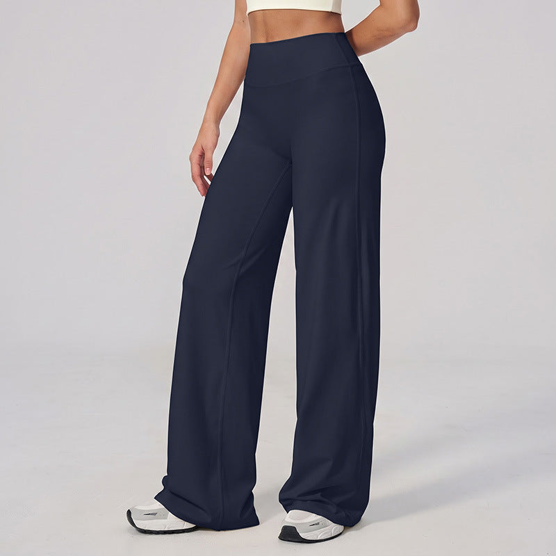 Wide-leg pants in navy blue, high-rise waistband with relaxed straight legs