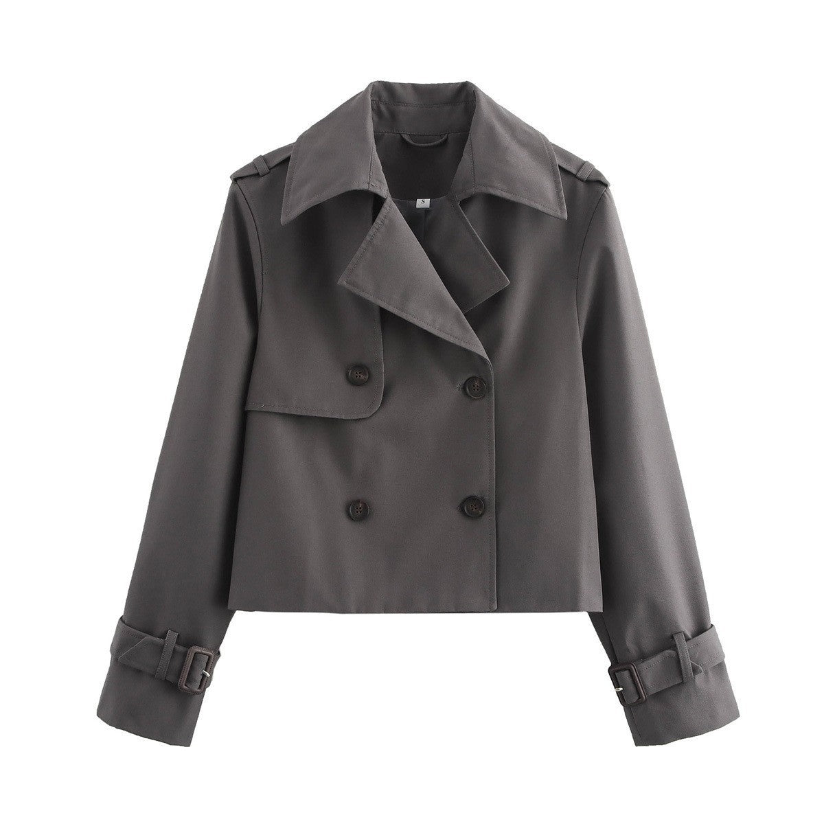 Gray cropped trench jacket with epaulette, double-breasted front, buckle cuffs