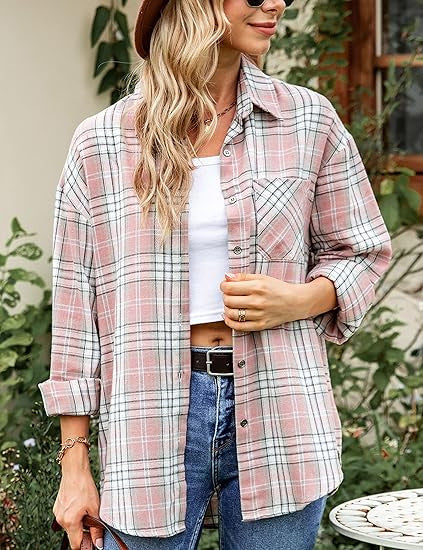Oversized Plaid Shirt for Women — Boyfriend Fit Button Down with Chest Pocket in Cotton