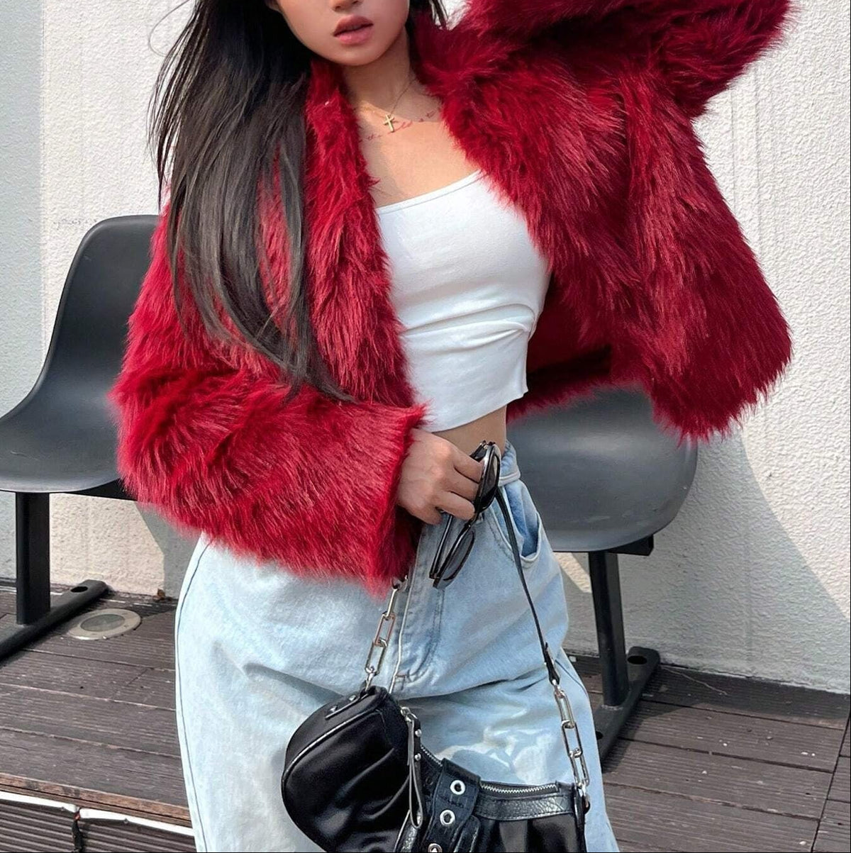 Red faux fur cropped jacket with wide collar, long sleeves, front open
