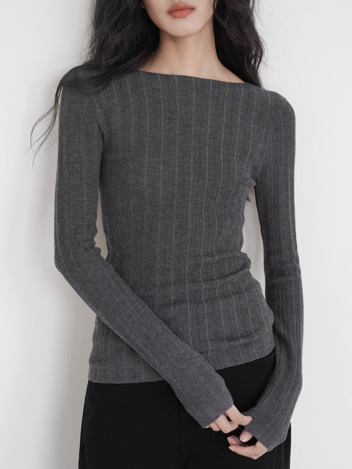 Women's dark gray ribbed knit long-sleeve fitted top with crew neck