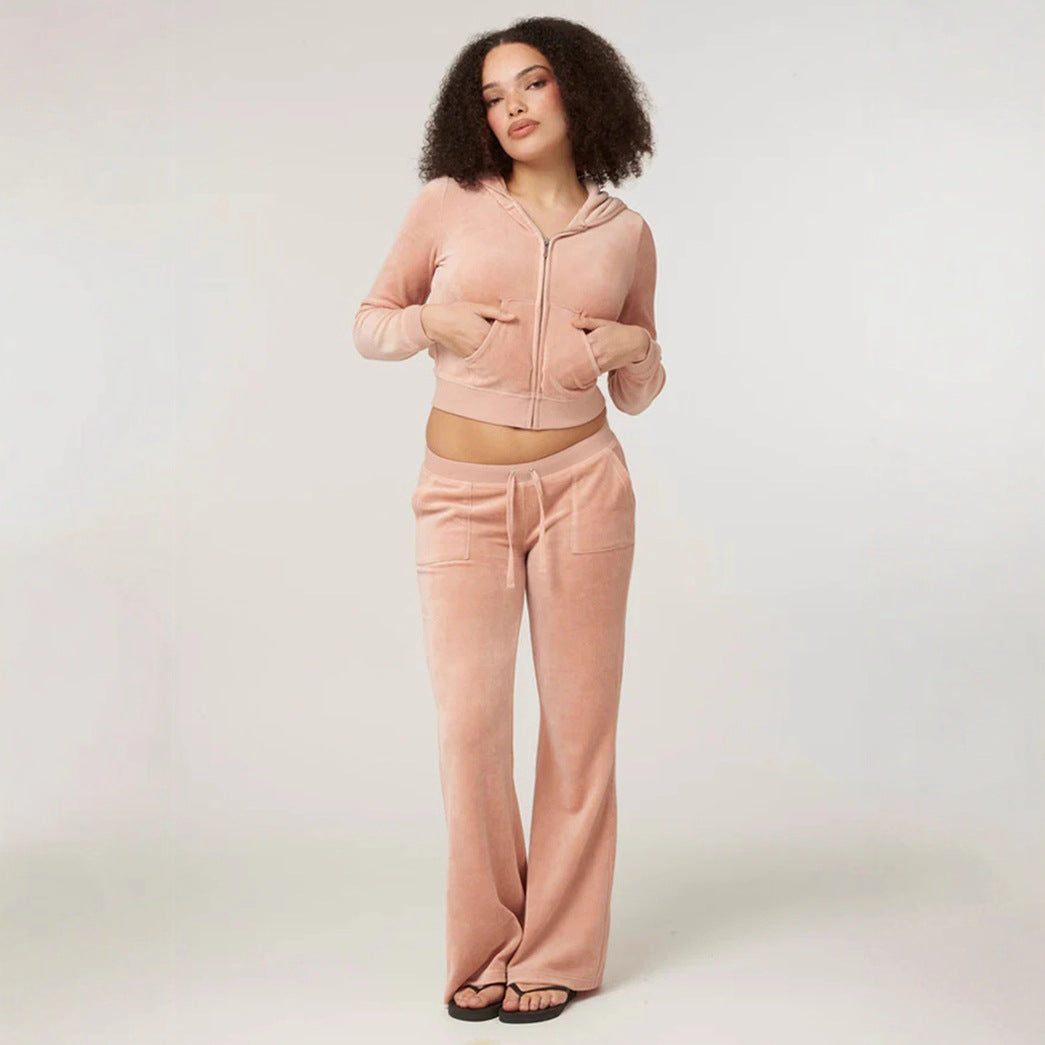 Light pink velvet zip-front hoodie and wide-leg drawstring pants two-piece set for women
