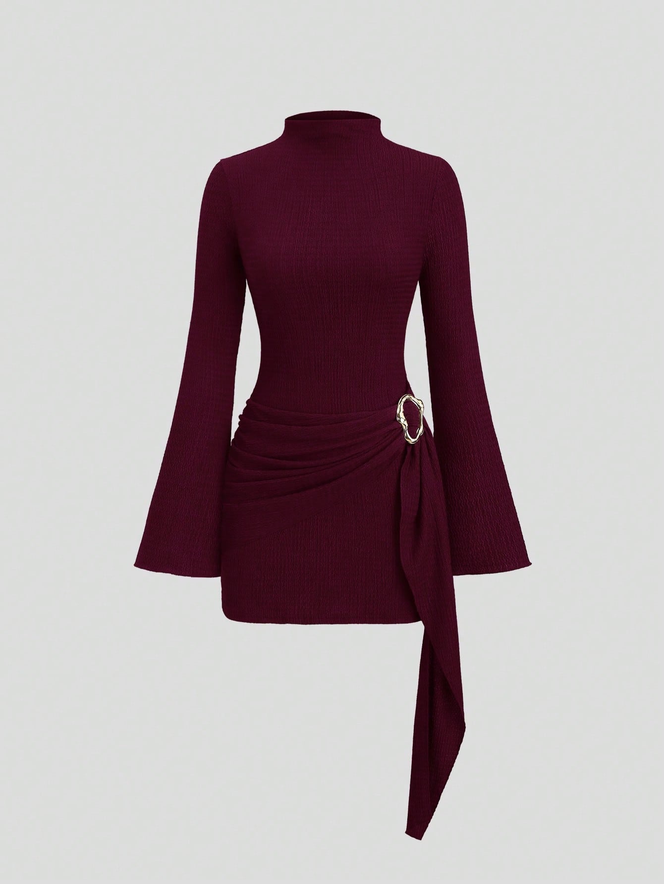 Bell Sleeve Mini Dress — Mock Neck Draped Sash Bodycon Style in Ribbed Knit