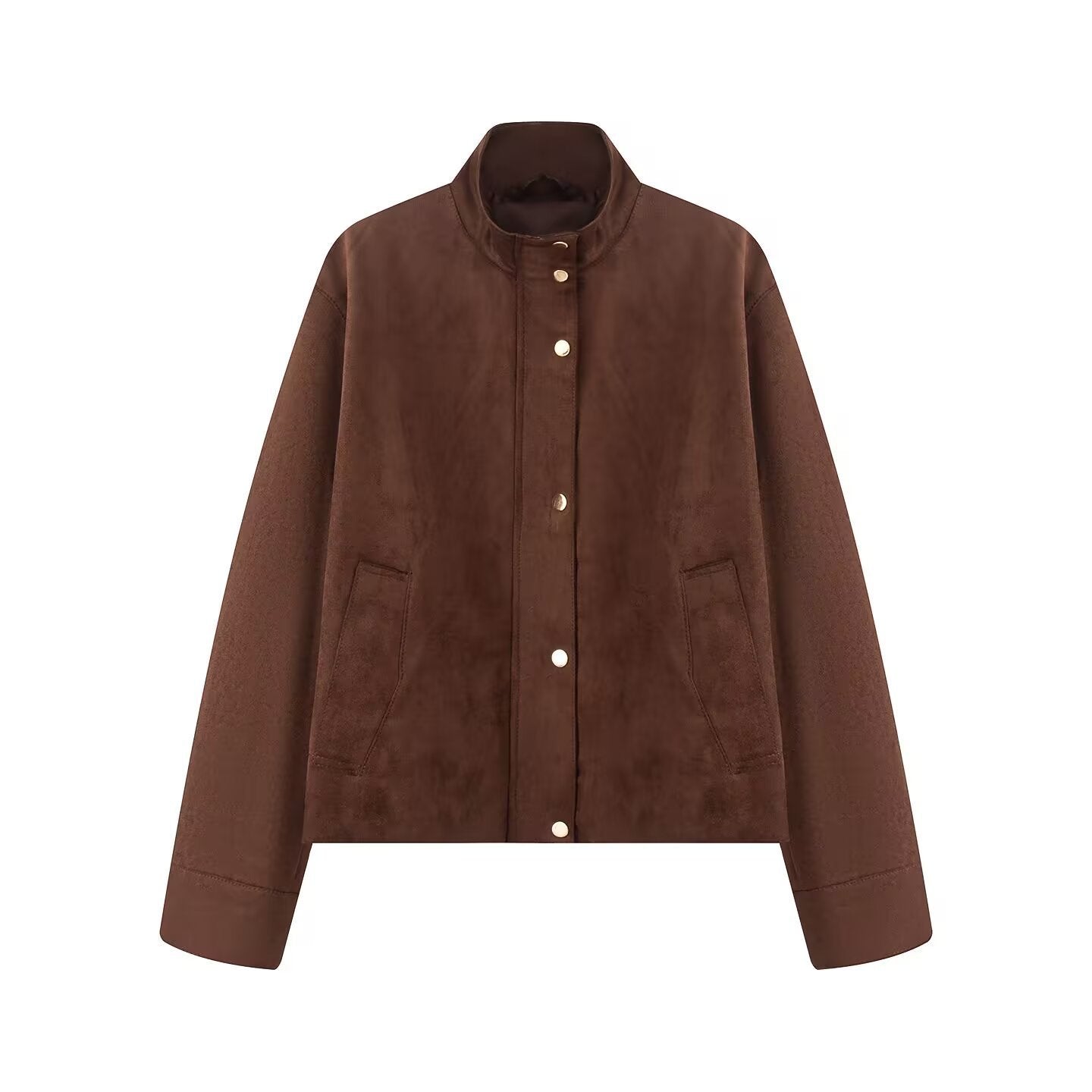 Dark brown suede-texture jacket with stand collar, snap buttons, long sleeves, pockets