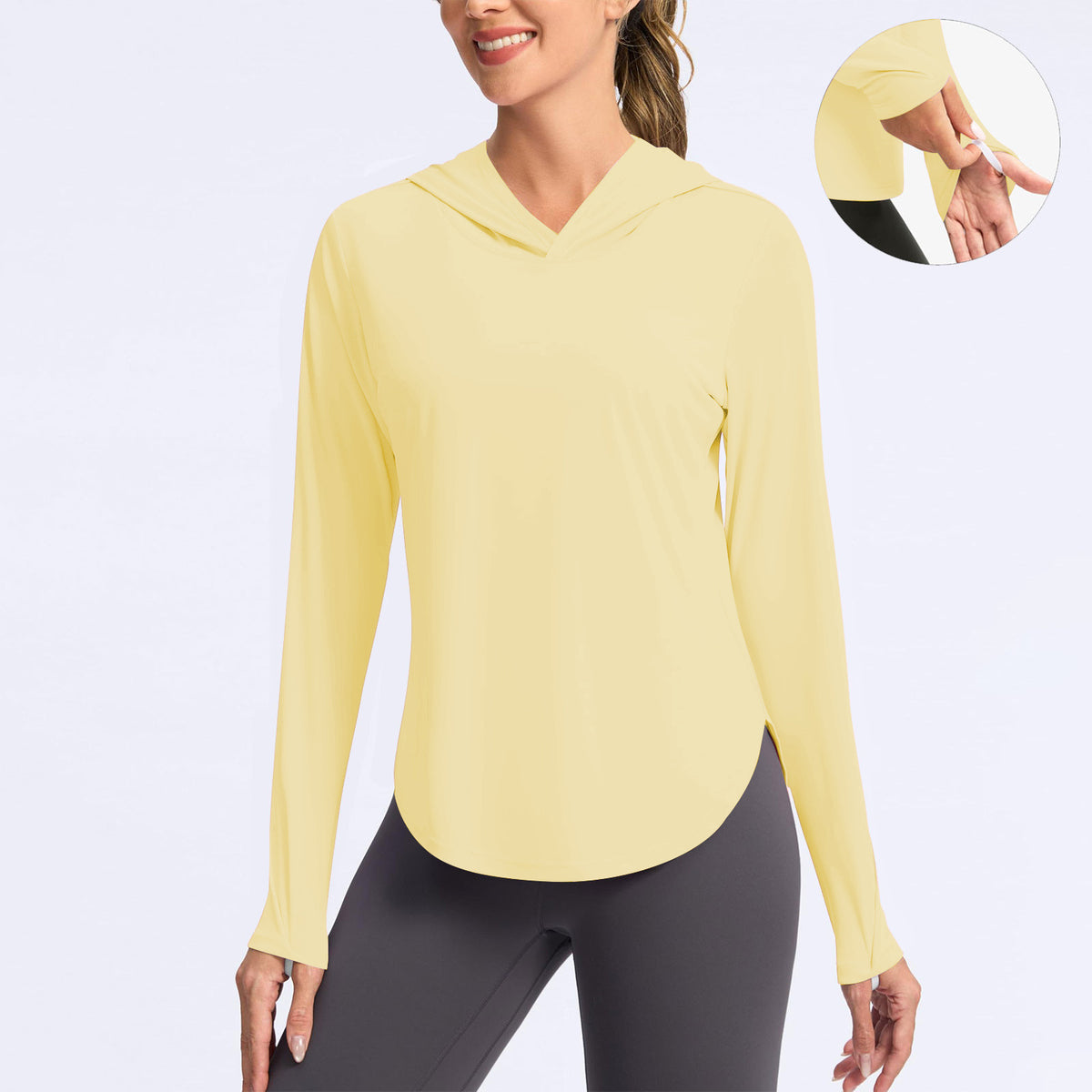 Women's hooded sun protection shirt, long-sleeve, yellow V-neck with hood