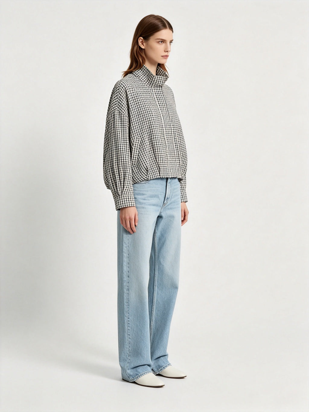 Cropped Jacket for Women — Gingham Stand Collar Bomber with Blouson Hem in Cotton