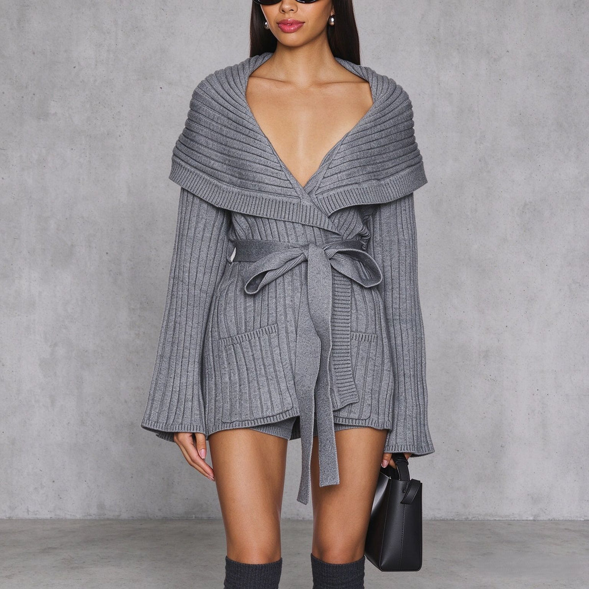 Gray chunky knit v-neck cardigan and tie-waist shorts set, large shawl collar