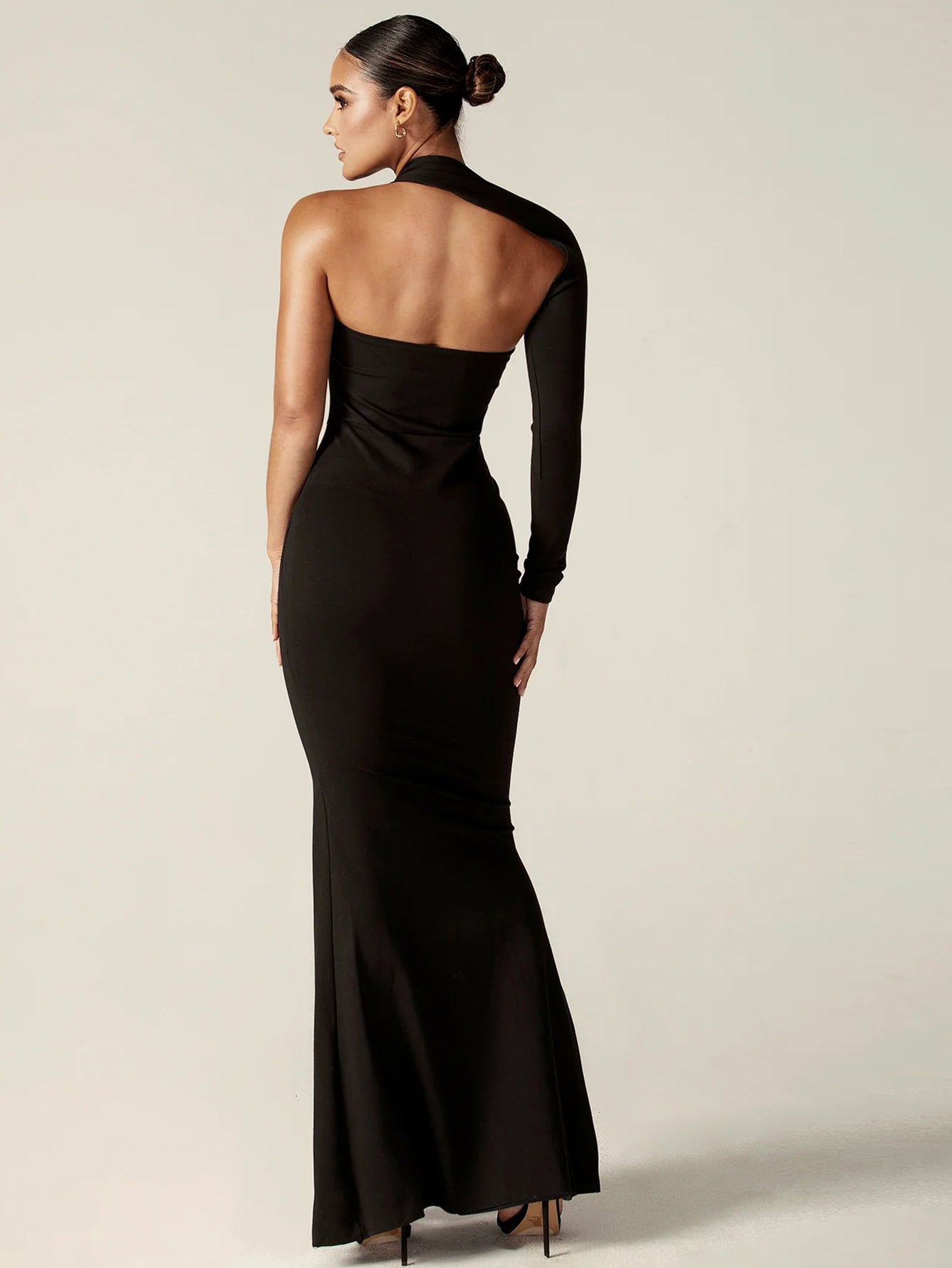 One Shoulder Evening Gown with a Long Sleeve — Formal Mermaid Maxi Dress in Crepe