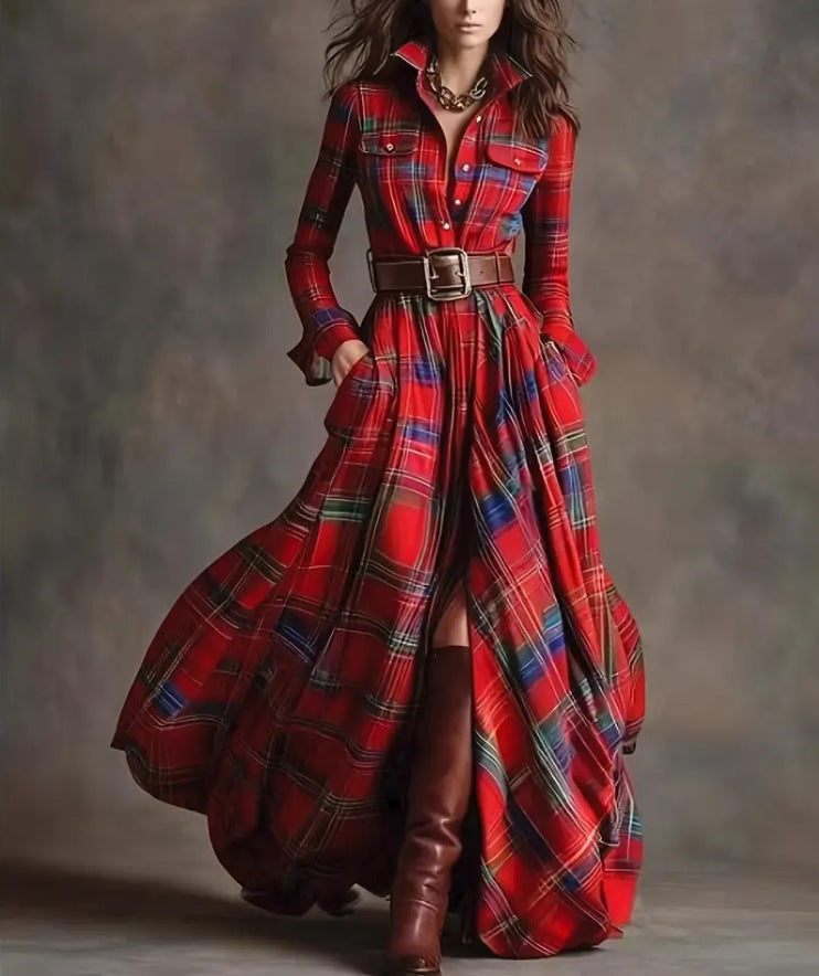 Red plaid maxi shirt dress with button front, long sleeves, corset-style belt, front slit