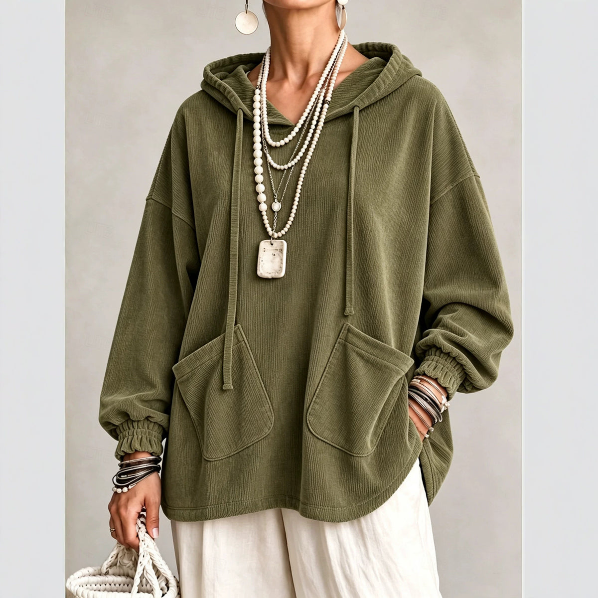 Olive corduroy hooded drawstring sweatshirt, patch diagonal flap pockets