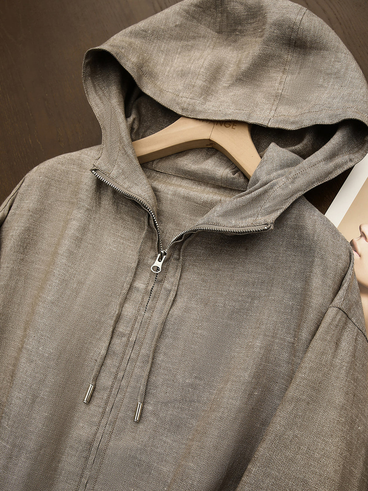 Light khaki gray linen zip-up hooded jacket with two drawcord tips