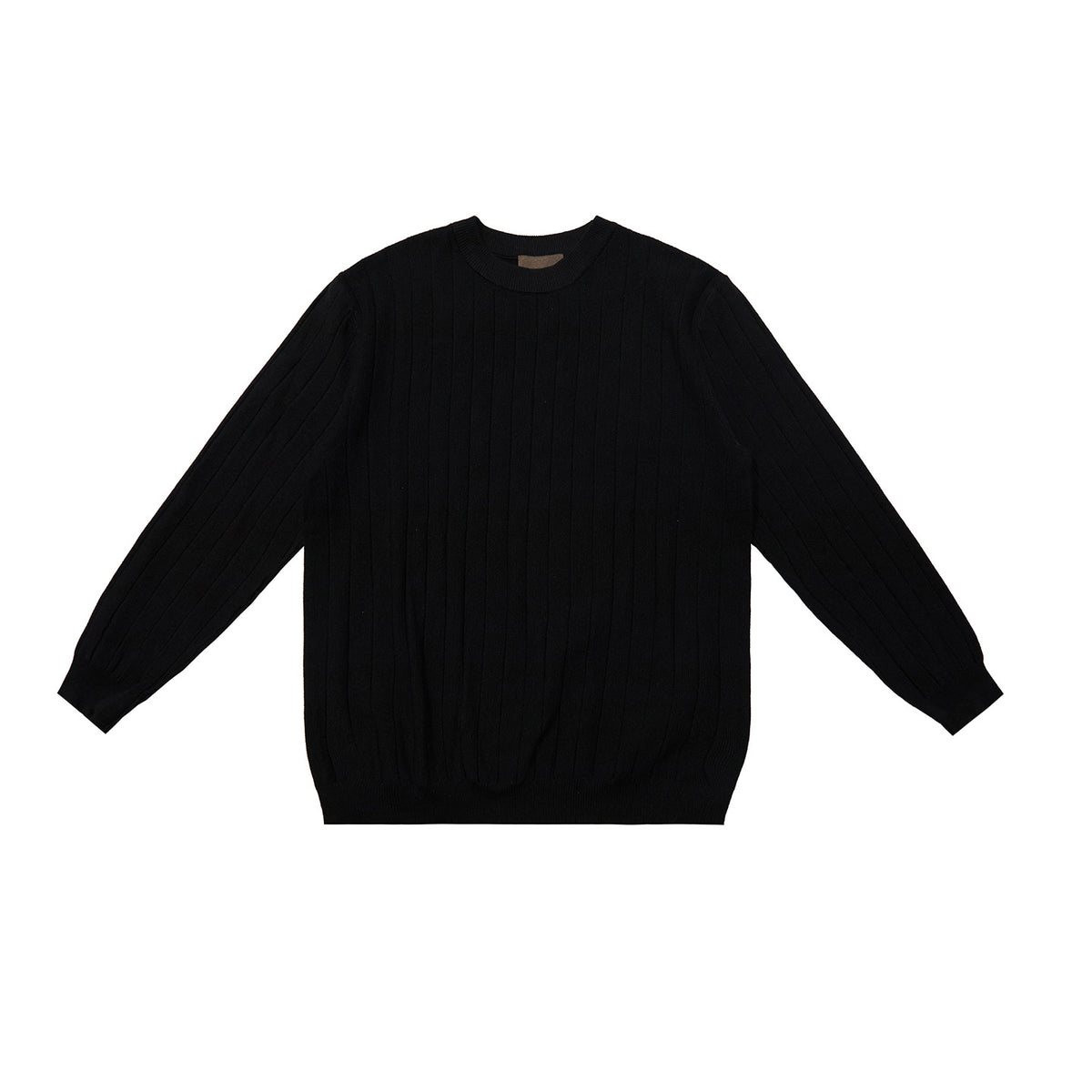 Black vertical stripe ribbed knit sweater with crew round neck, long sleeves.