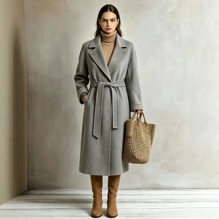 Gray long lapel coat with tie belt, women’s wool-style overcoat