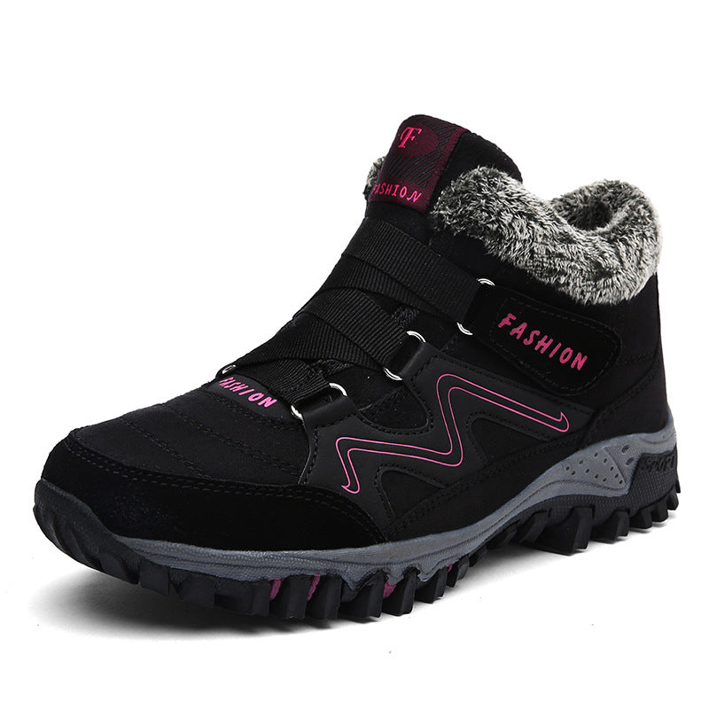 Black winter snow boots with faux fur collar, pink-lined accents, and non-slip sole