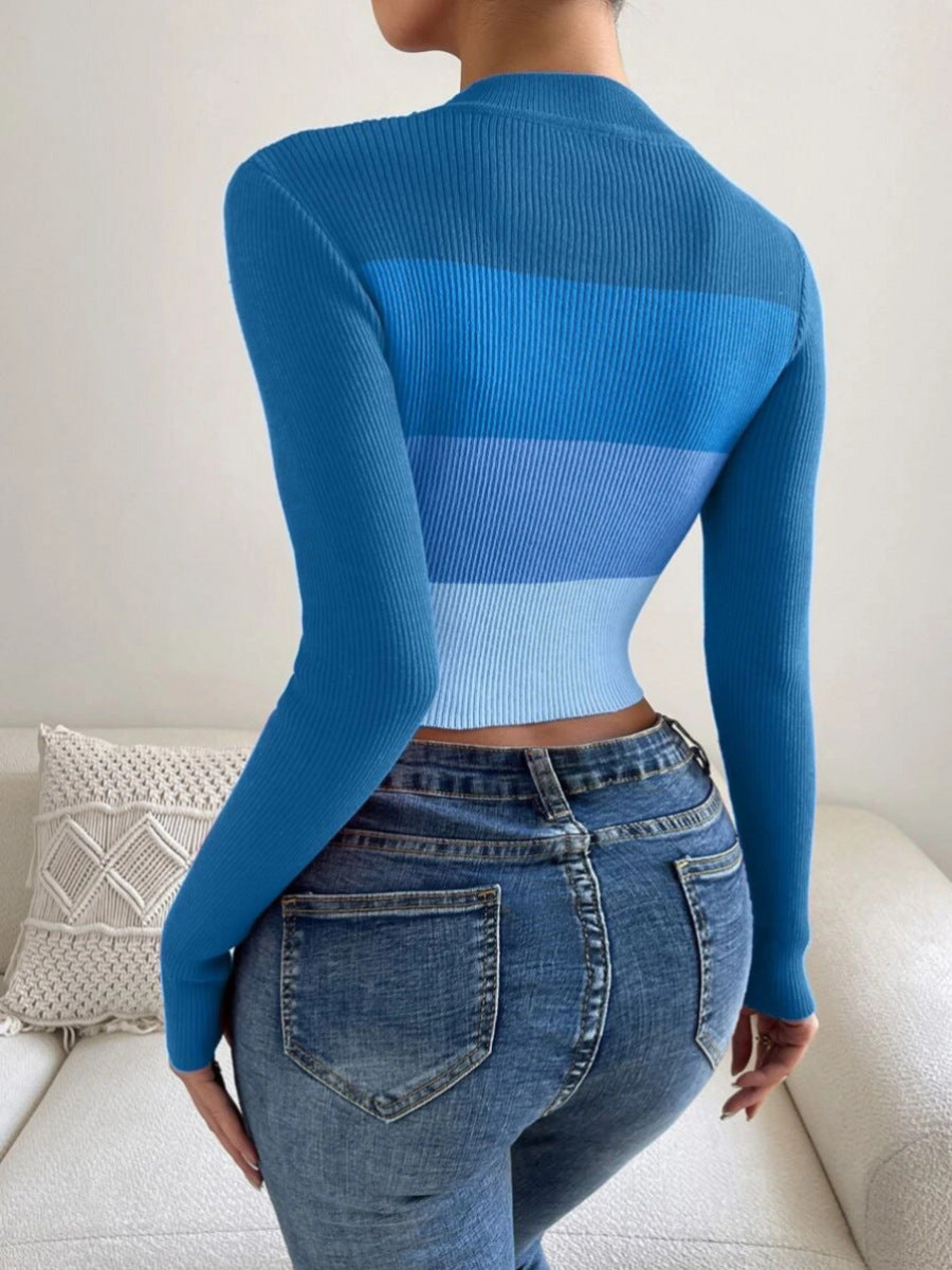 Long Sleeve Crop Top for Women — Mock Neck Color Block Slim Fit in Ribbed Knit
