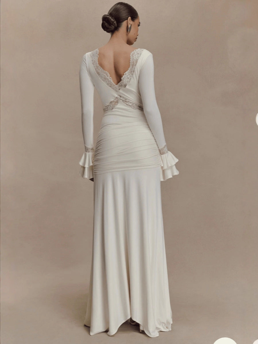 Lace Maxi Dress with Long Sleeves — Elegant V Neck Occasion Gown in Soft Jersey