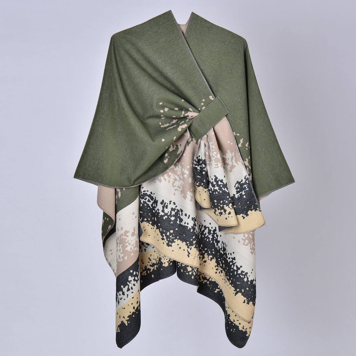 Faux cashmere print shawl, olive green top with cream, black, and gold splash pattern.