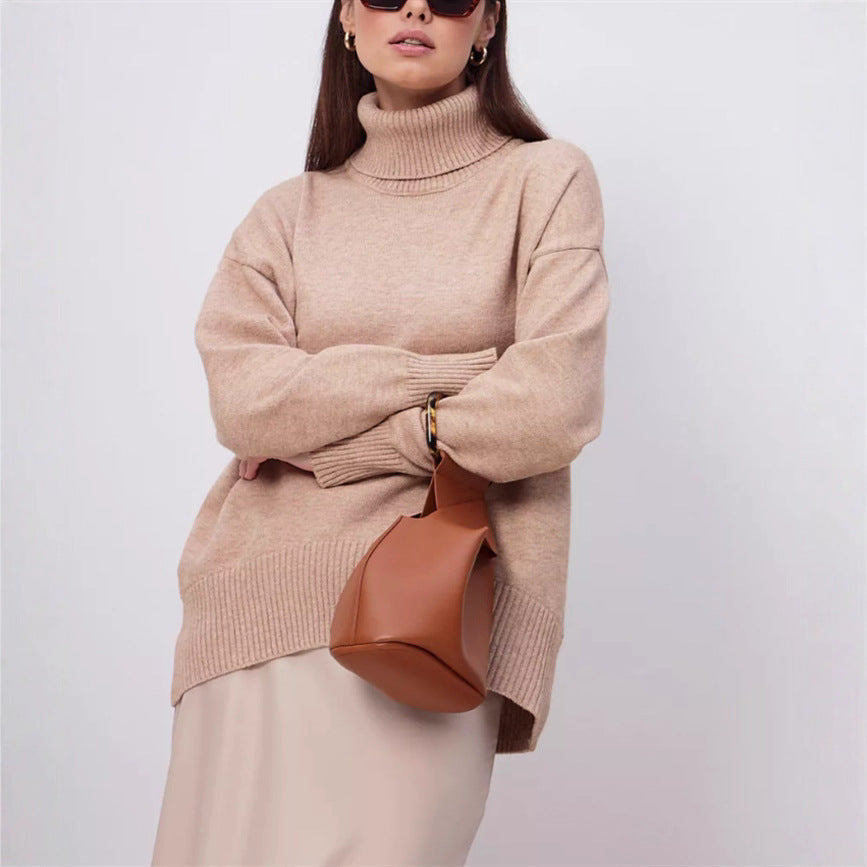 Thick knit turtleneck sweater, loose fit, apricot beige
