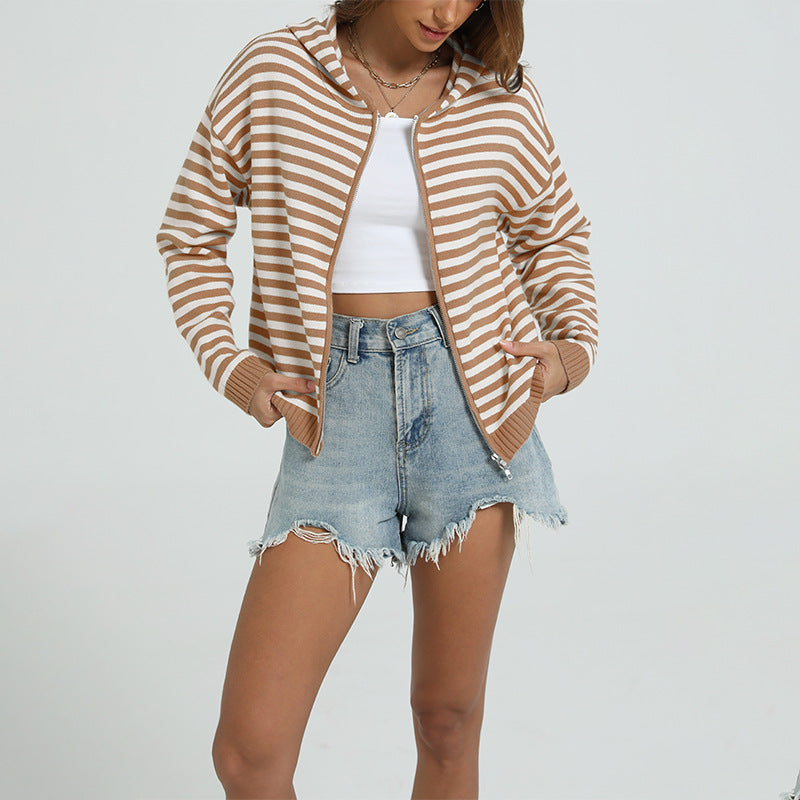 Striped hooded knit cardigan jacket with full-zip, tan and white horizontal stripes