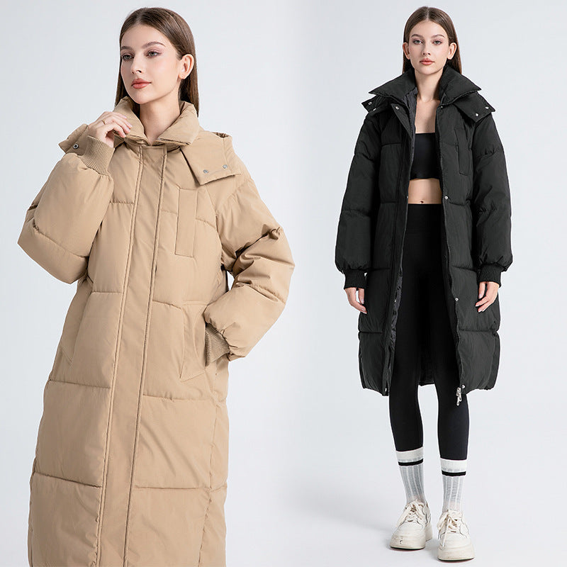 Women’s long hooded puffer cotton coat in beige, zip front, large stand collar.