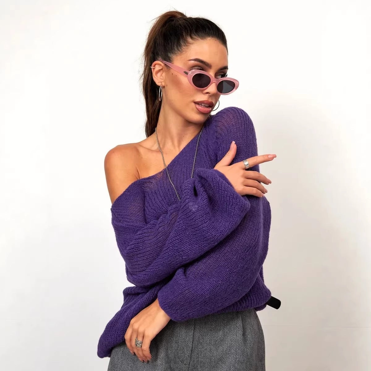 Open Knit Sweater for Women — Sheer Oversized V Neck Pullover in Lightweight Mohair