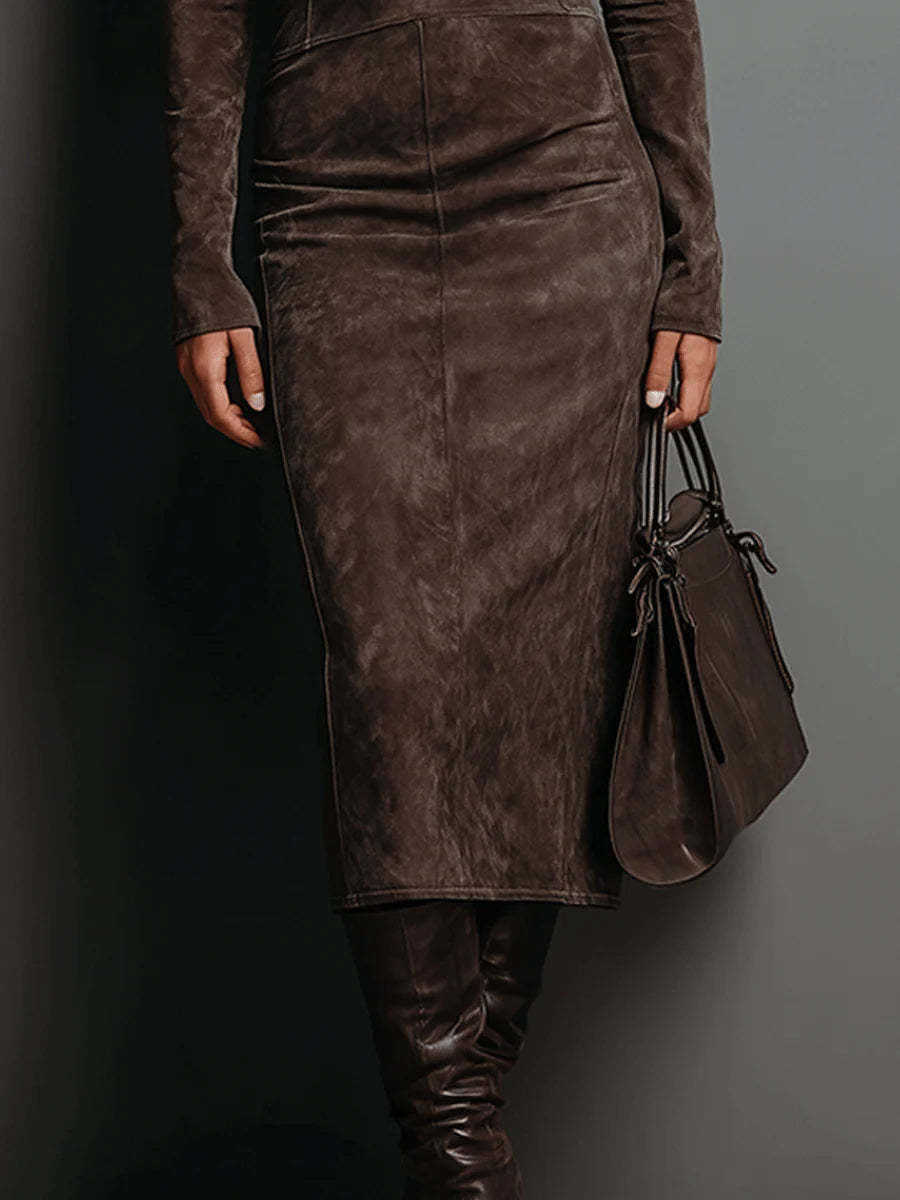 Faux Suede Midi Dress — Fitted Turtleneck Bodycon Silhouette with Long Sleeves