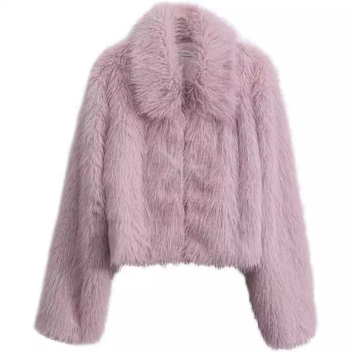 Women’s faux fur jacket, long sleeves, zip front, pale pink shaggy, stand collar