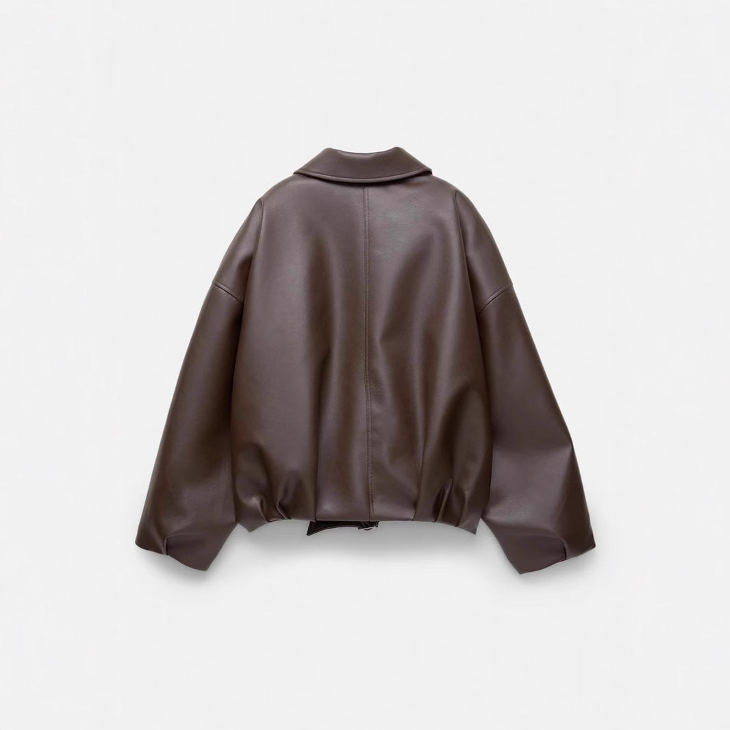 Brown faux leather pilot jacket back view with stand collar and roomy shoulders