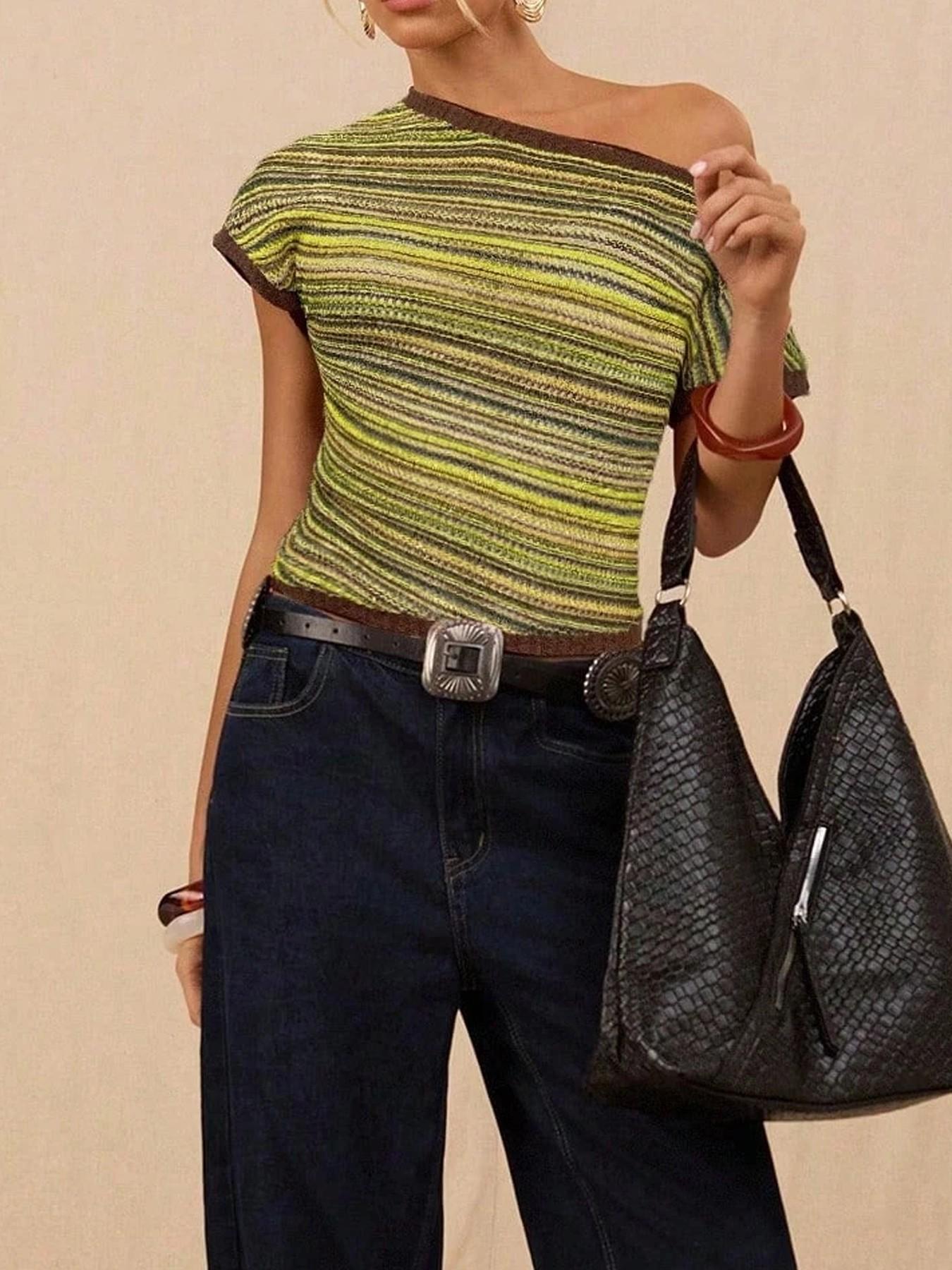 Asymmetric One Shoulder Knit Top — Striped Short Sleeve Style for Women in Viscose