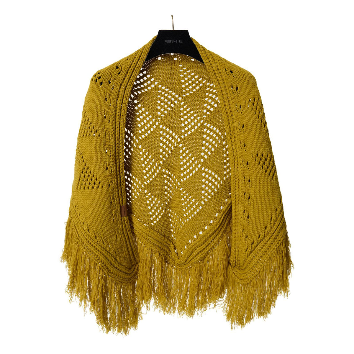 Mustard yellow crochet triangle shawl with hollow diamond pattern and long fringe.