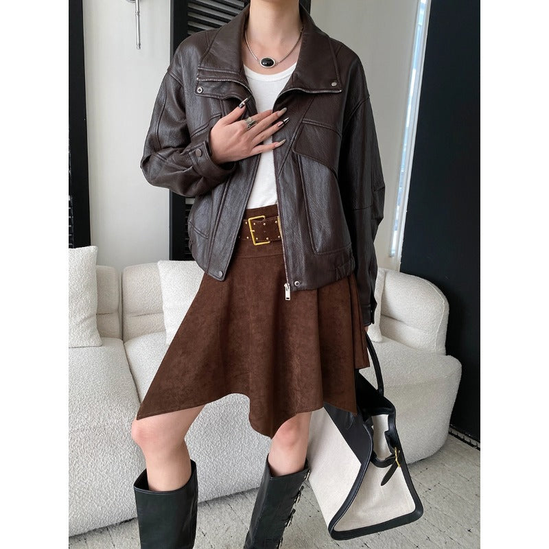 Dark brown PU leather stand-collar short jacket with zipper front and flap pockets