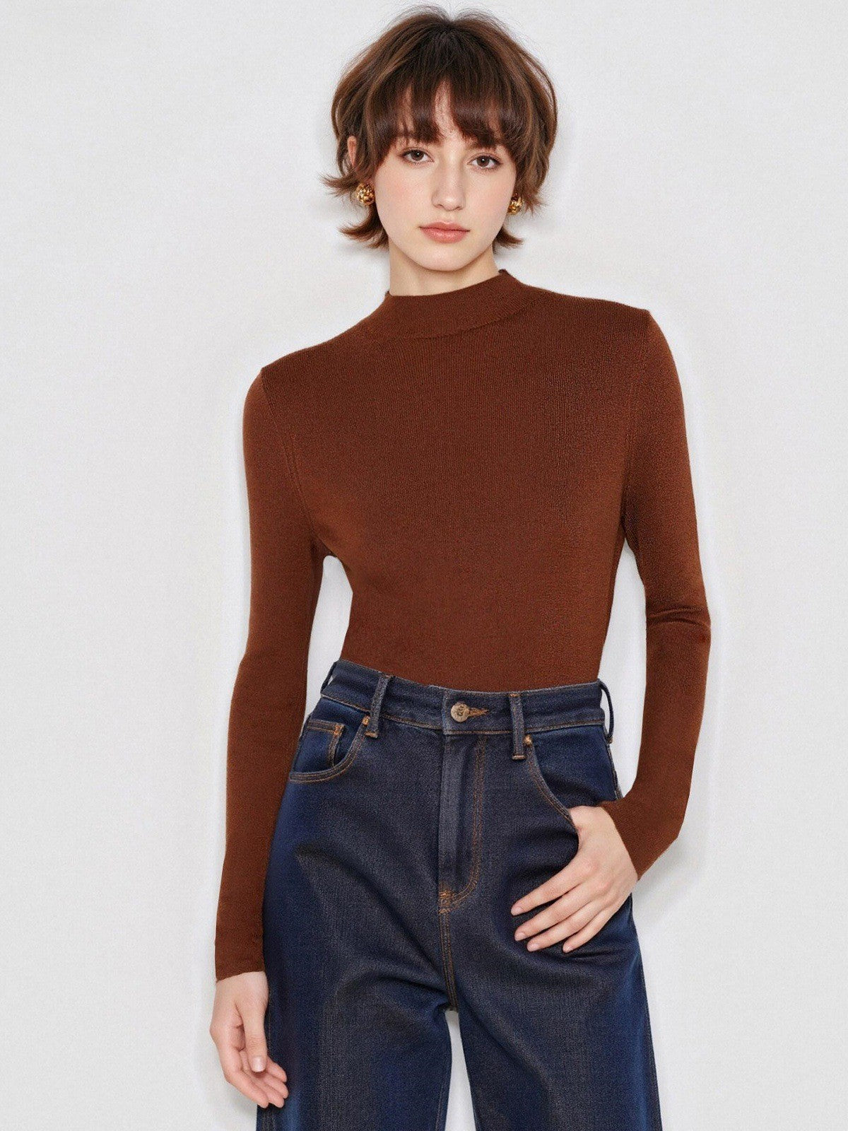 Chestnut brown half turtleneck wool knit sweater, slim fit long sleeves