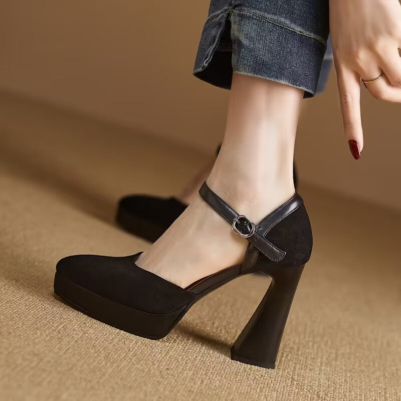 Women's black platform Mary Jane high heels with buckled ankle strap and square toe