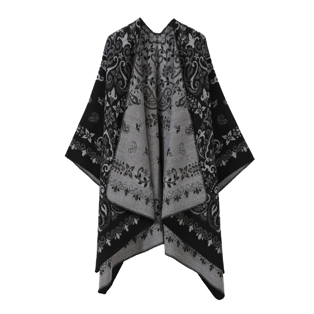 Black and gray damask patterned double-sided split cape shawl, wide drape