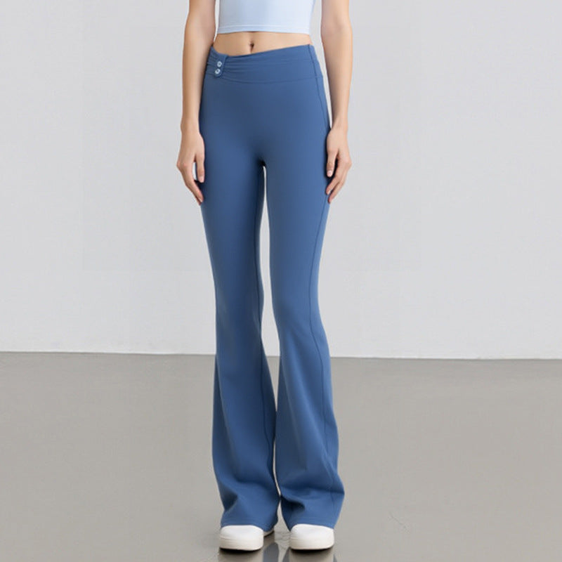 Blue high-waisted yoga flare pants with buttoned waistband, straight flared fit